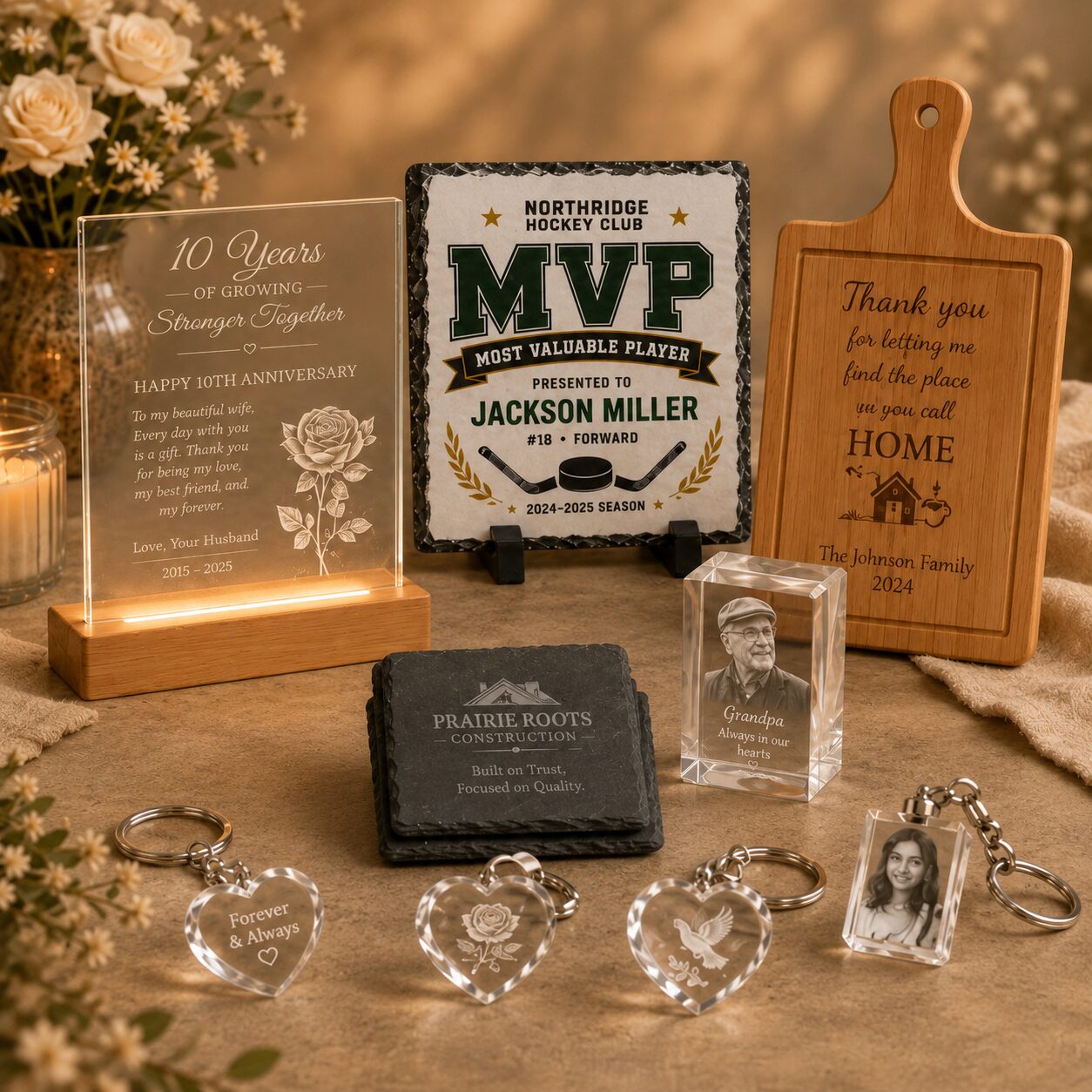 Examples of personalized gifts, slates, wood panels, keepsakes and custom items from The Busy Basket Store