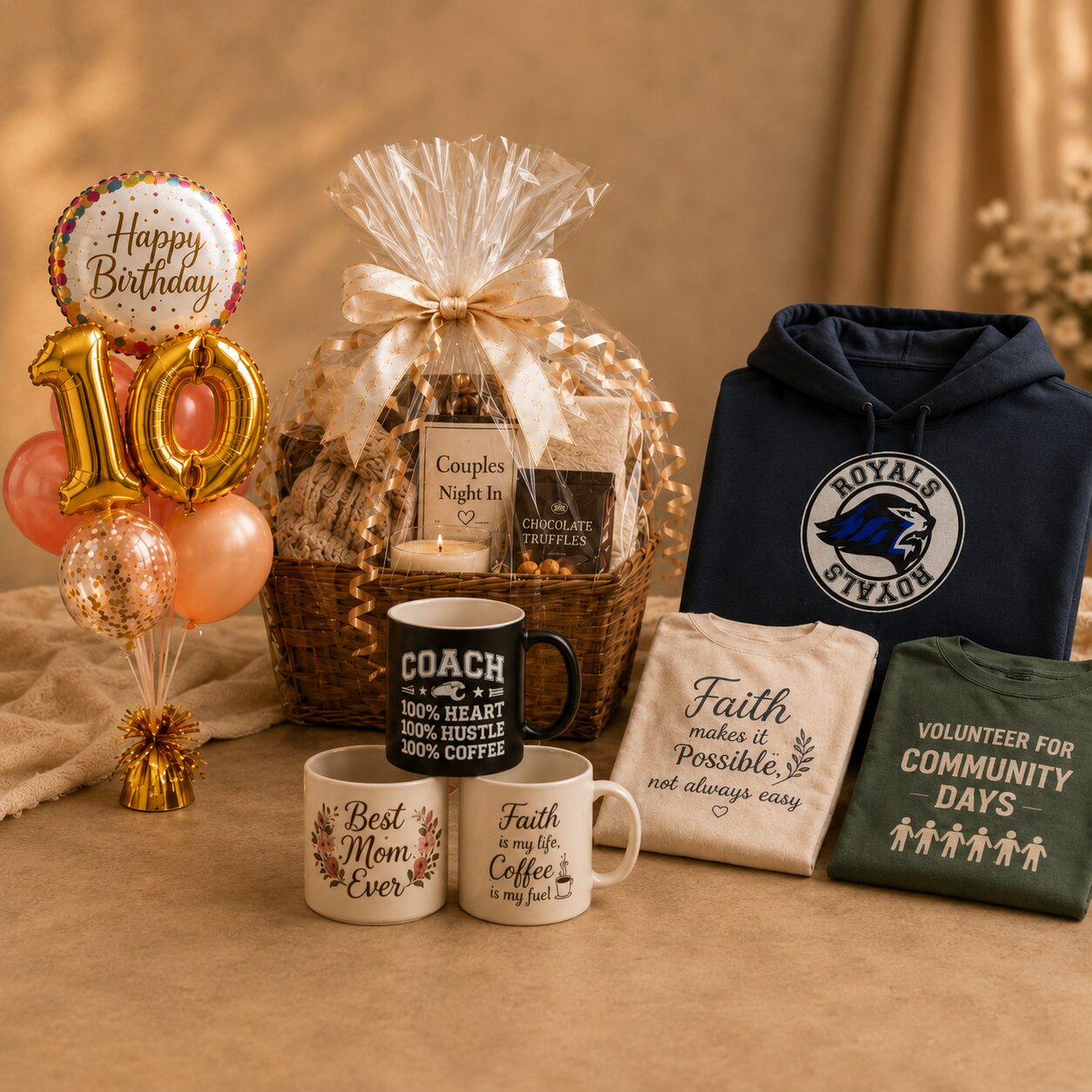 Examples of personalized gifts, baskets, balloons, slates, glass panels, mugs, apparel, keepsakes and custom items from The Busy Basket Store