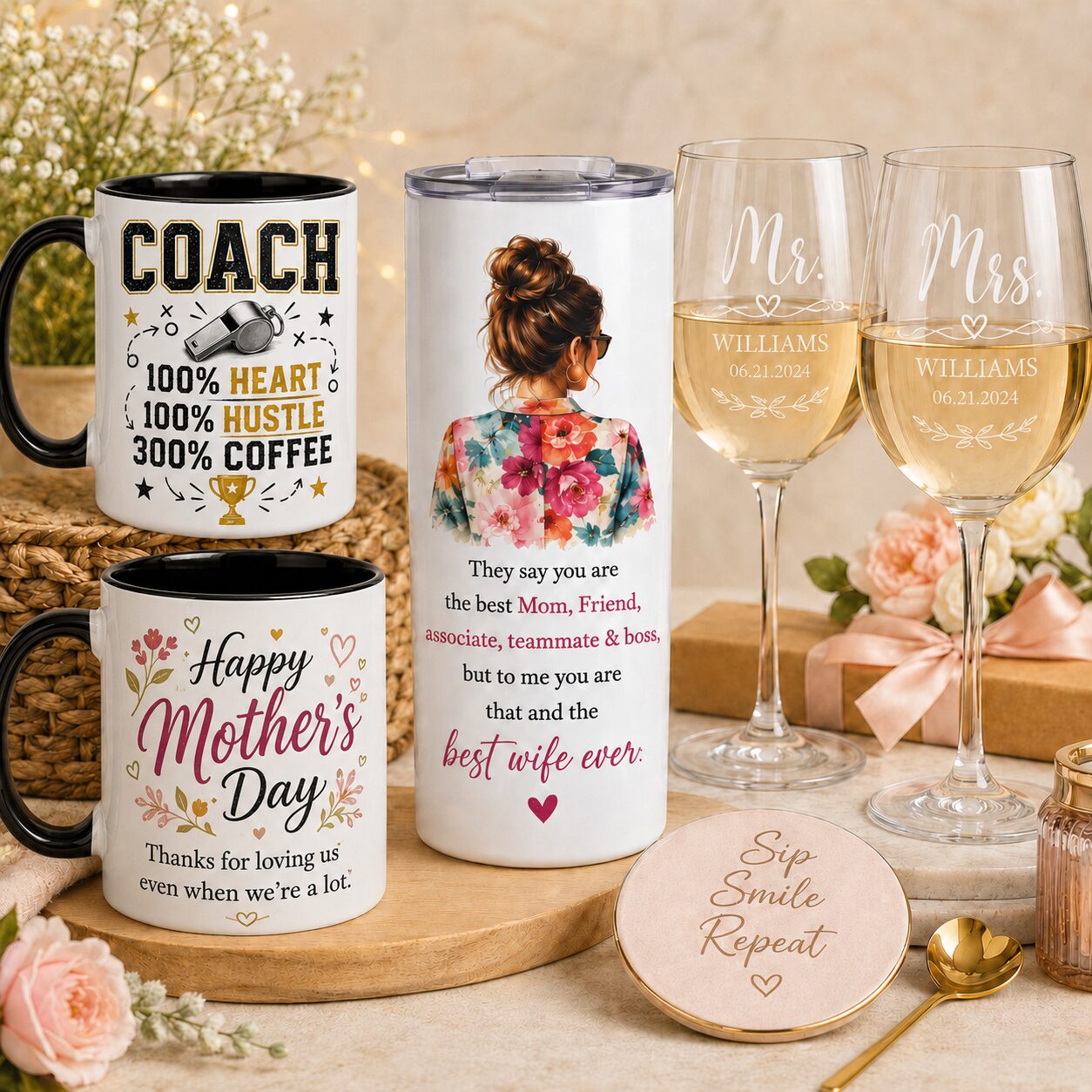 Custom mugs, tumblers, glasses and personalized drinkware from The Busy Basket Store