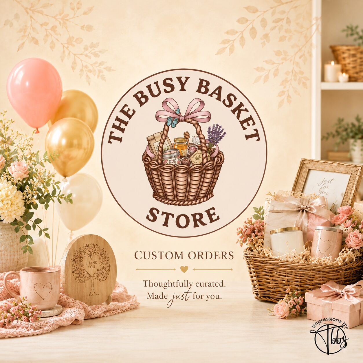 Examples of personalized gifts, baskets, balloons, keepsakes and custom items from The Busy Basket Store
