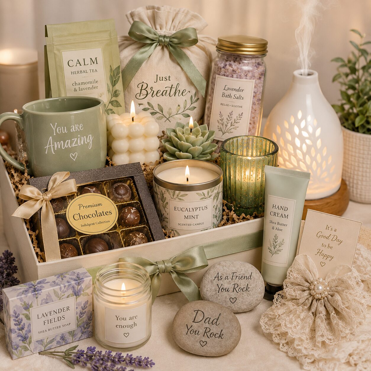 Candles, ready-to-give gifts, chocolates, skincare, diffusers, hair accessories and pocket rocks from The Busy Basket Store