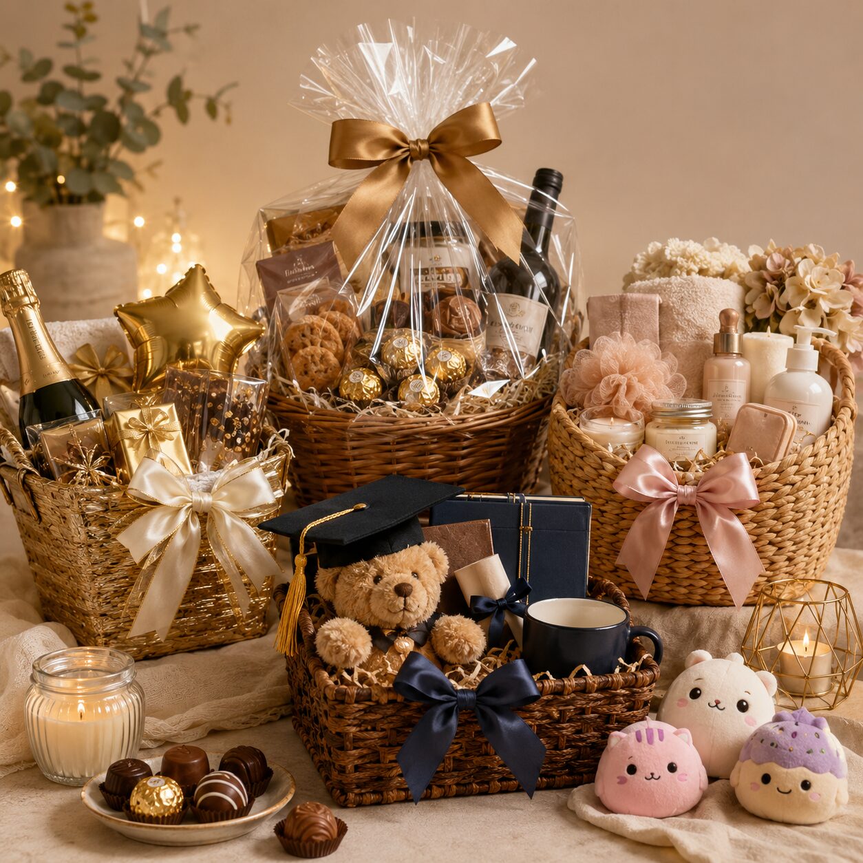 Custom gift baskets with chocolates, candles, celebration items, sympathy gifts and ready-to-give add-ons