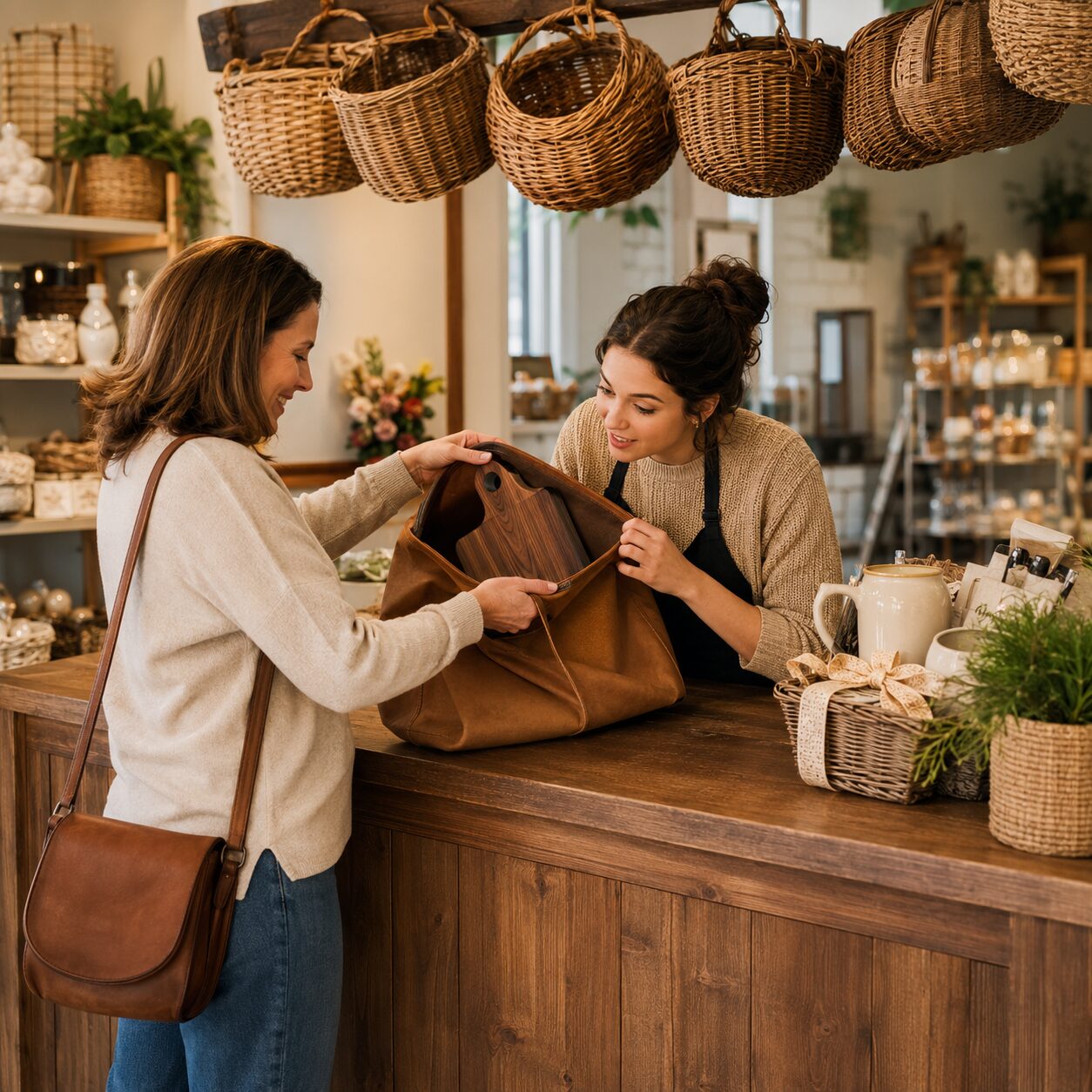 Customer bringing an item to The Busy Basket Store for engraving or personalization