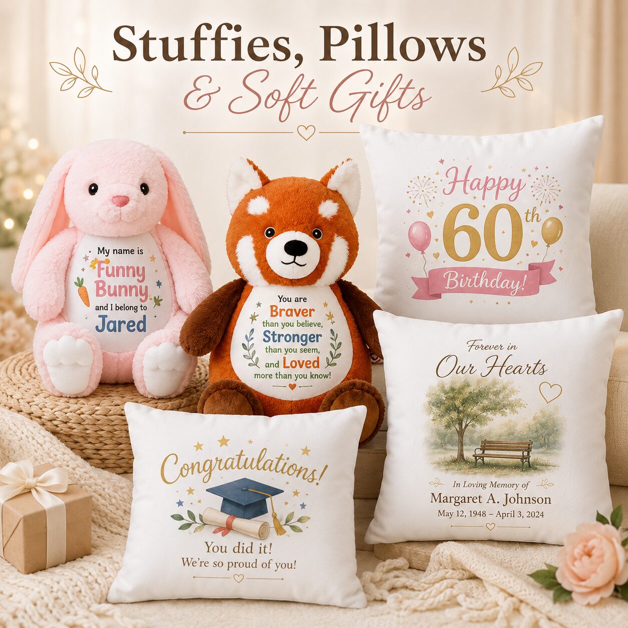 Personalized sublimation stuffies, pillows, soft keepsakes, comfort gifts and cozy custom gift items