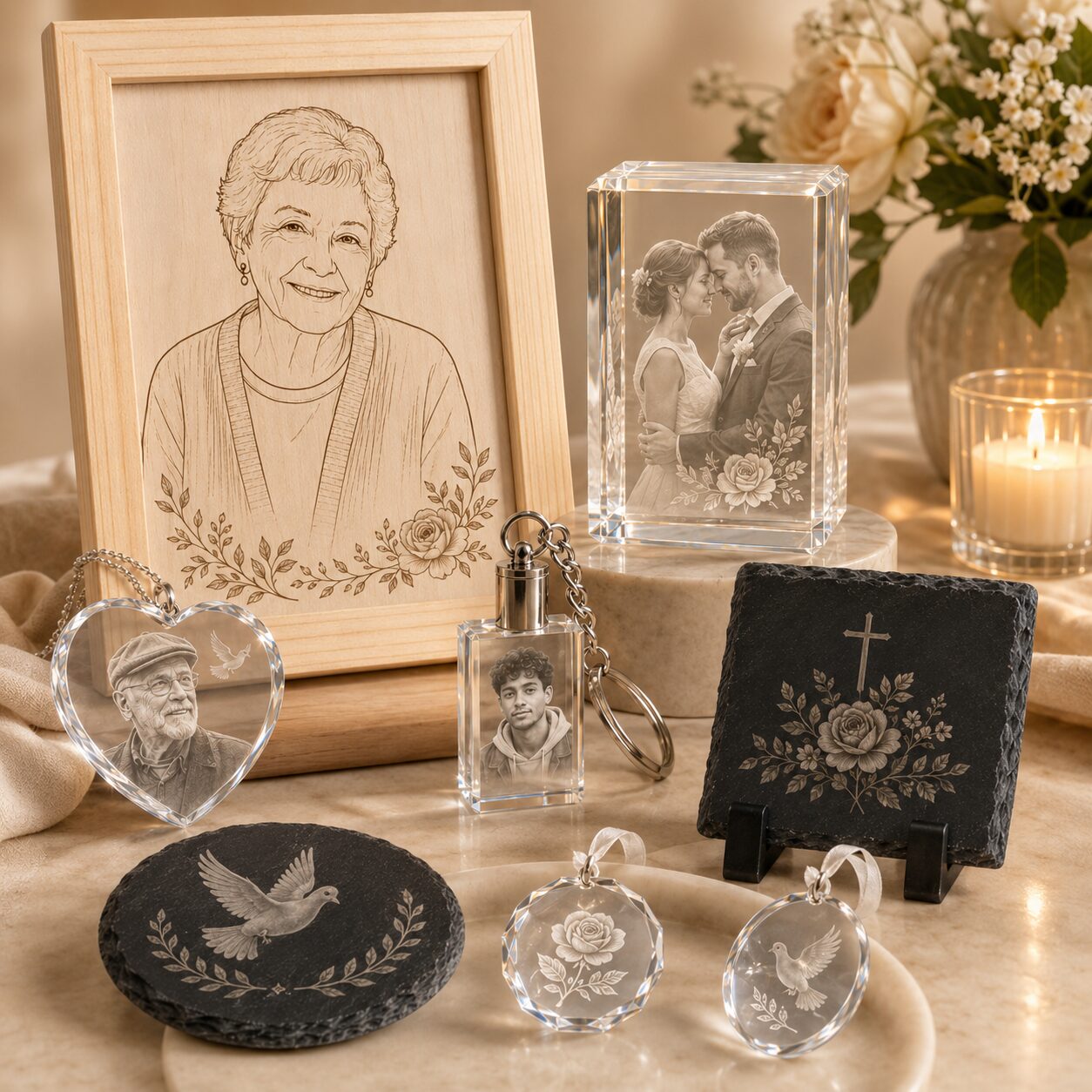 Wood panels, crystal cubes, pendants, keychains, ornaments, coasters and keepsake gifts from The Busy Basket Store
