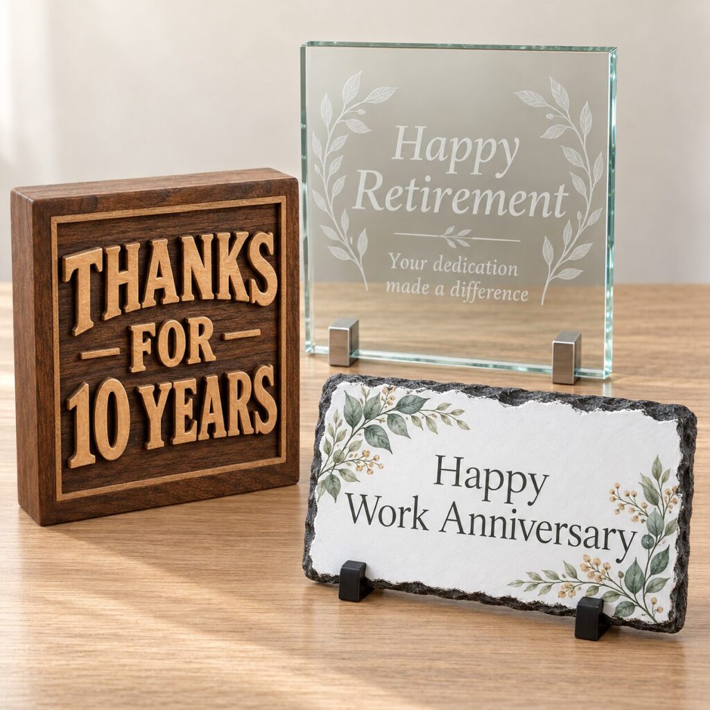 Illustrative carved Thanks for 10 Years wood block, retirement glass panel and work anniversary rock slate