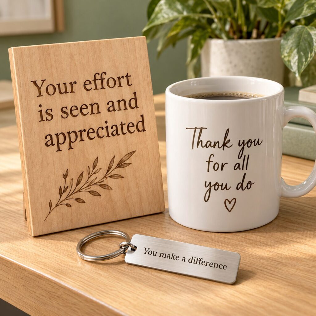 Illustrative appreciation wood panel, thank-you coffee mug and engraved metal key tag