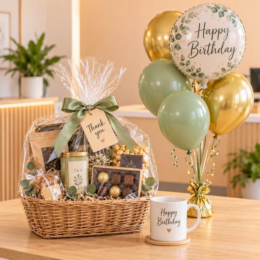 Illustrative staff birthday gift with balloon bouquet, thank-you basket and birthday mug