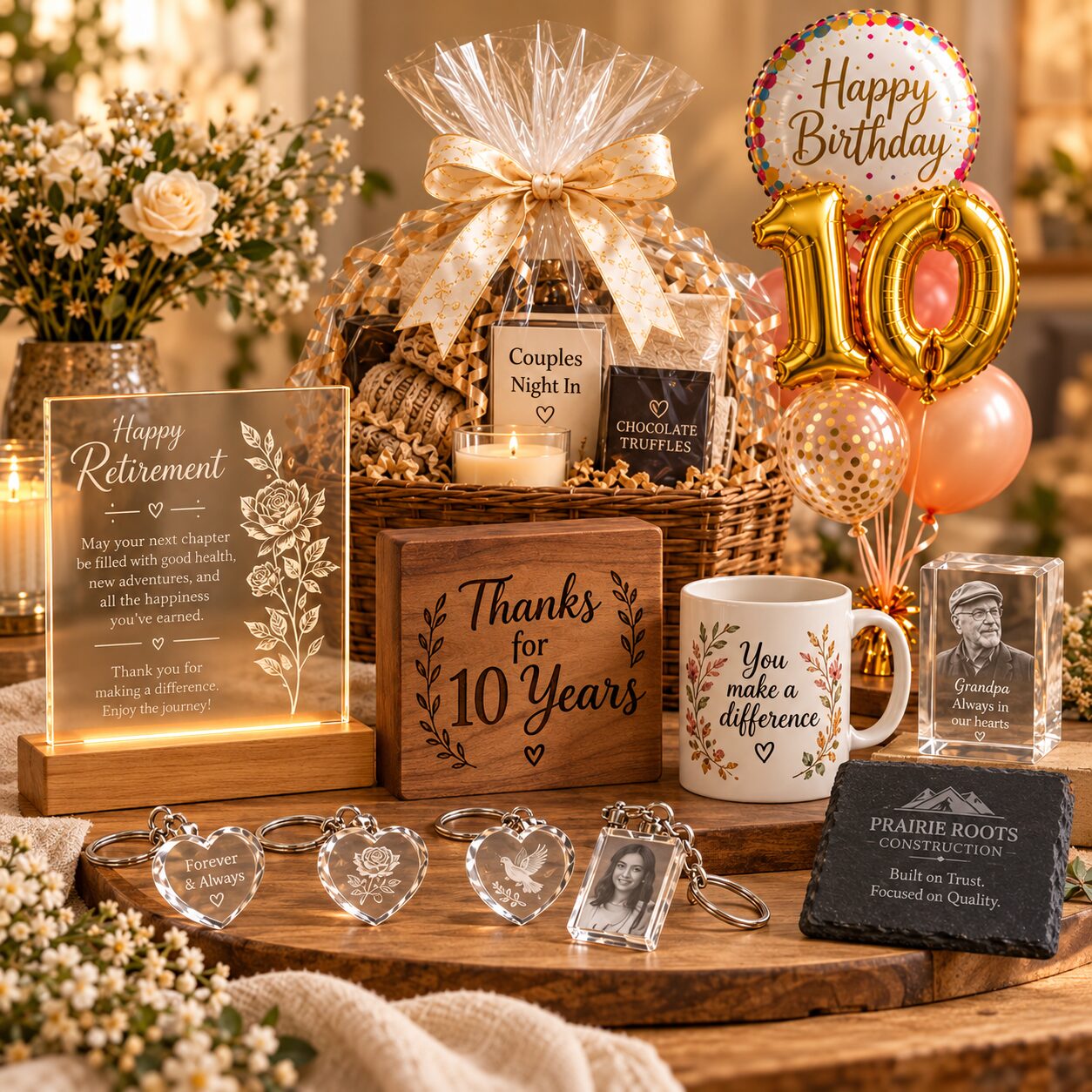 Gift inspiration featuring a basket, balloons, engraved wood, keychains, appreciation mug, retirement glass and slate